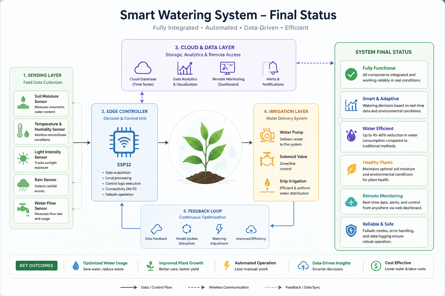 Smart Watering System architecture showing sensing, ESP32 control, irrigation, and cloud dashboard layers