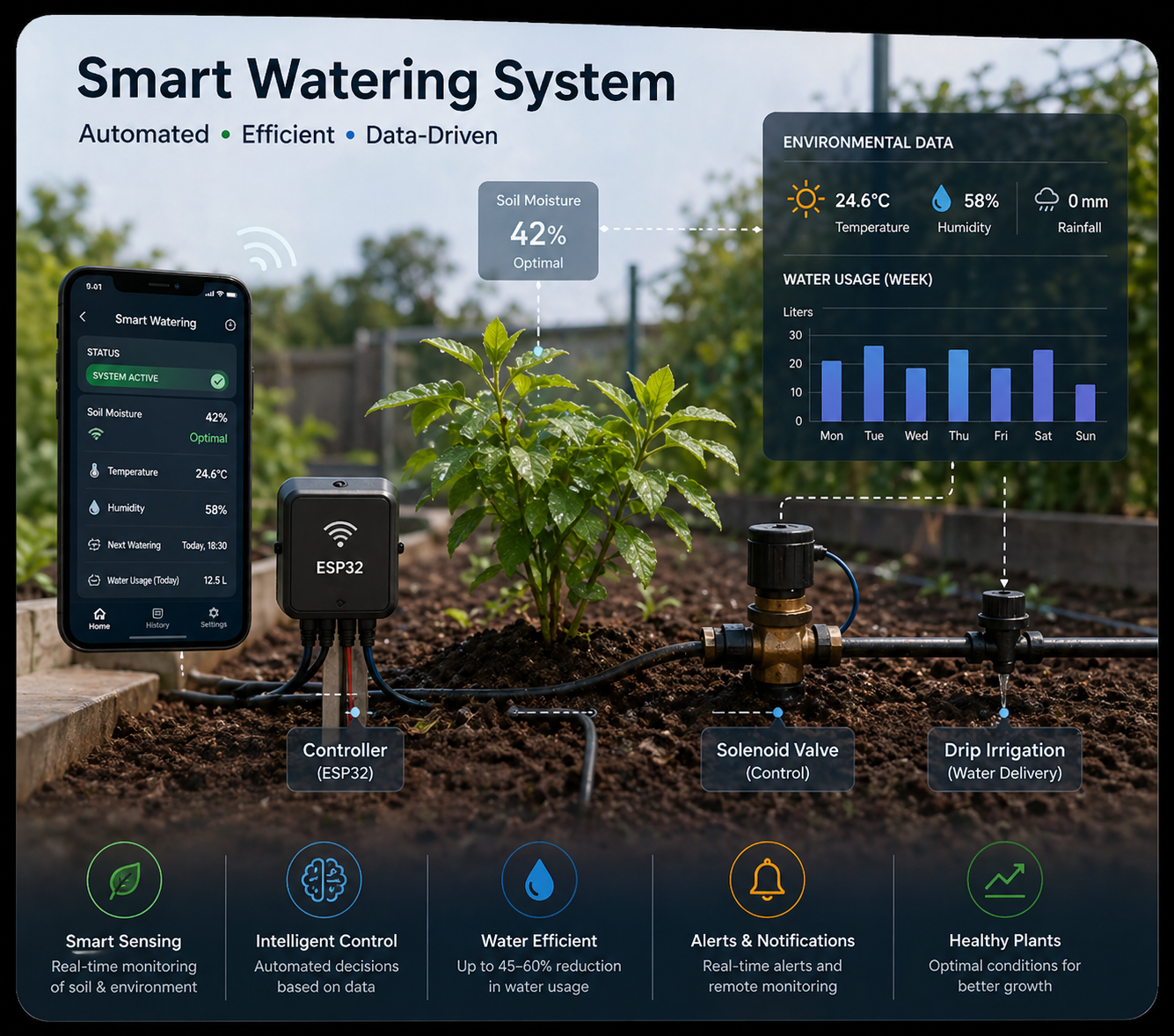 Smart Watering System concept with ESP32 controller, dashboard, and irrigation hardware